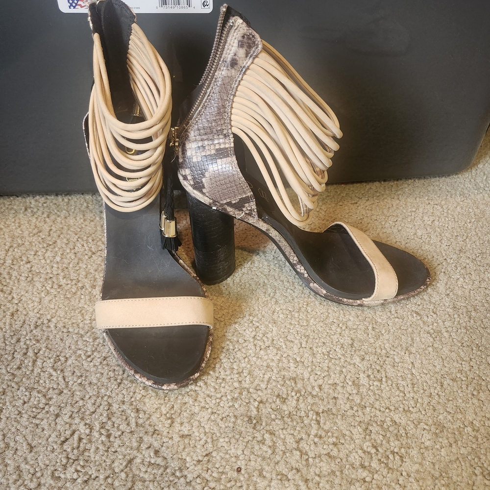 Aldo Beige Fringe Snake-Print Block Heel Sandals